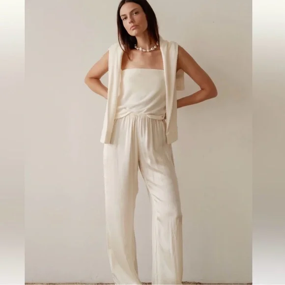 Donni Silky Simple Pants Cream Satin Elastic Waist Size M - Picture 2 of 8